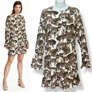 H&M Bengal Cat Dress Women Size 6 Animal Pattern A-Line Long Sleeves‎ Viscose